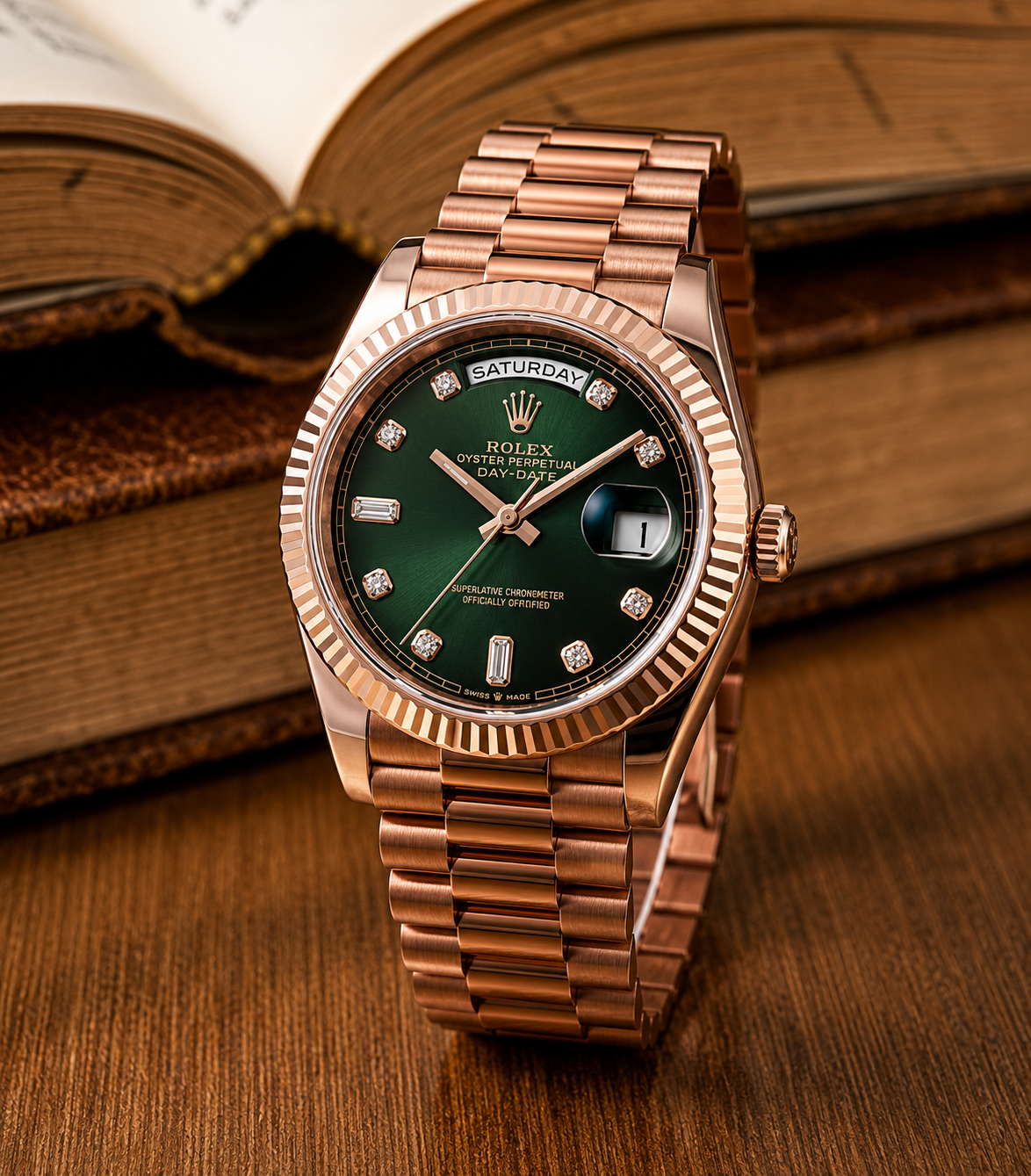 ROLE_X OYSTER PERPETUAL DAY DATE 40 || ROSE GOLD GREEN